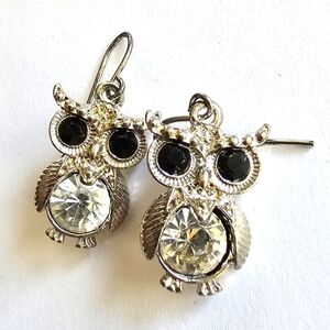 Owl earrings silver tone metal black rhinestones bird woodland jewelry